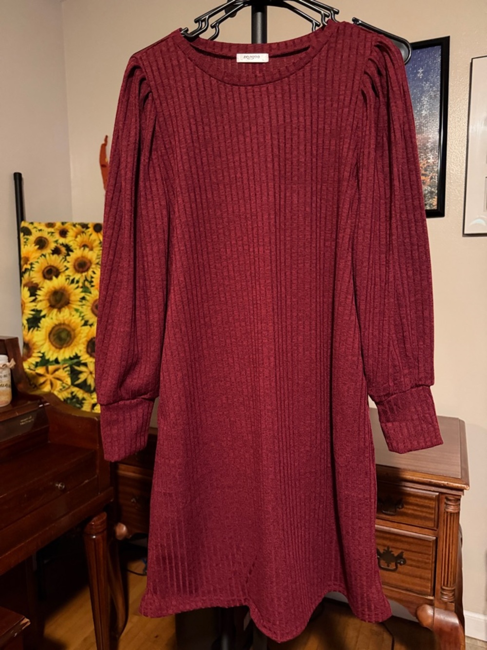 zeagoo Ribbed Long-Sleeve Sweater Dress - with pockets- Wine
